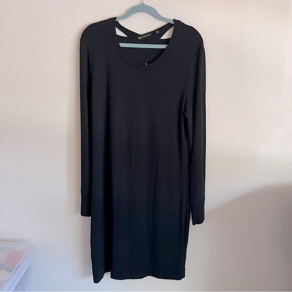 Athleta Nirvana Go To Long Sleeve Cross Back Super Soft Sweatshirt Dress, blk, M - Picture 3 of 12